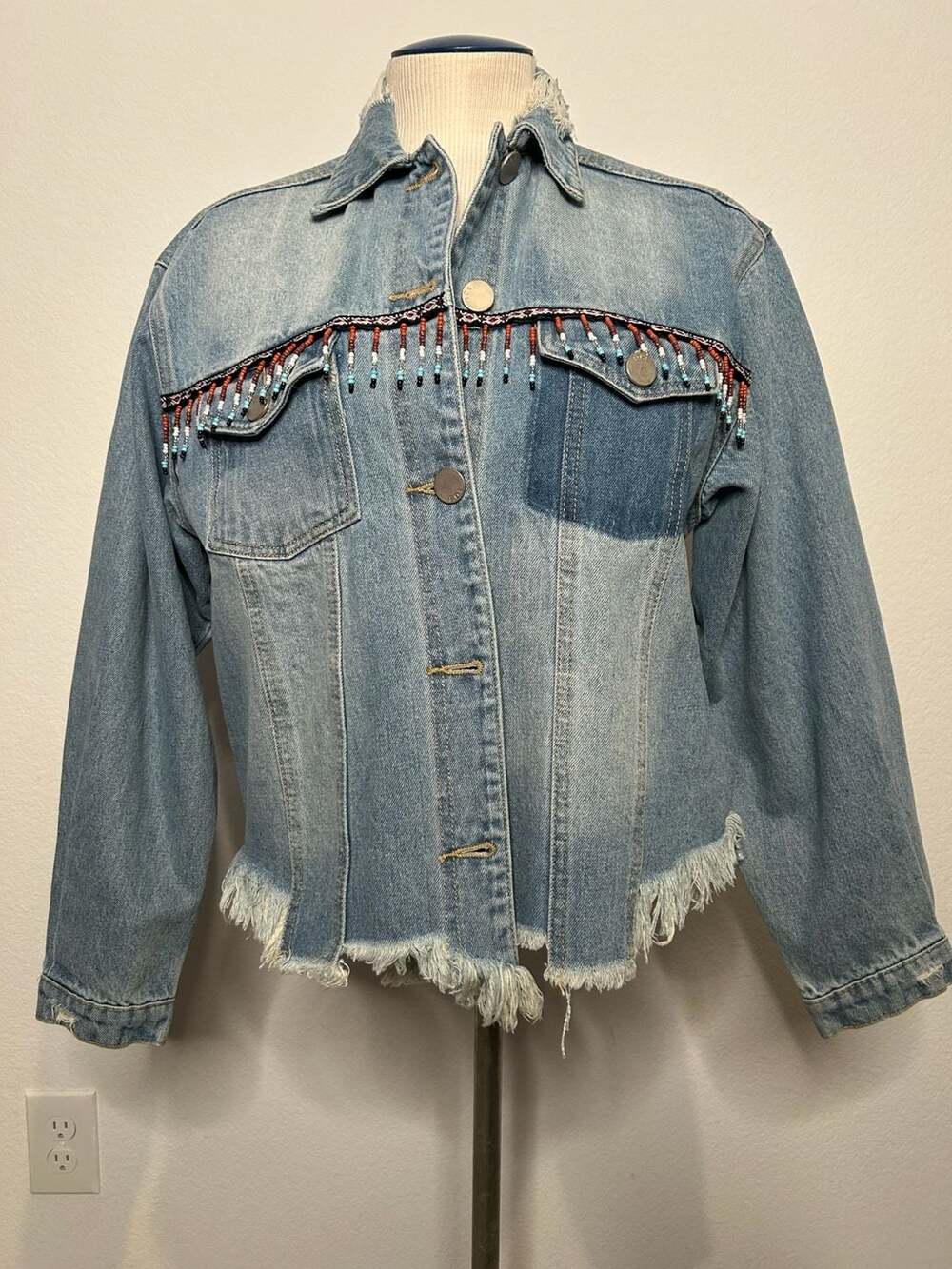 POL Beaded Fringe Denim Jacket Size M Blue Distressed Raw Hem